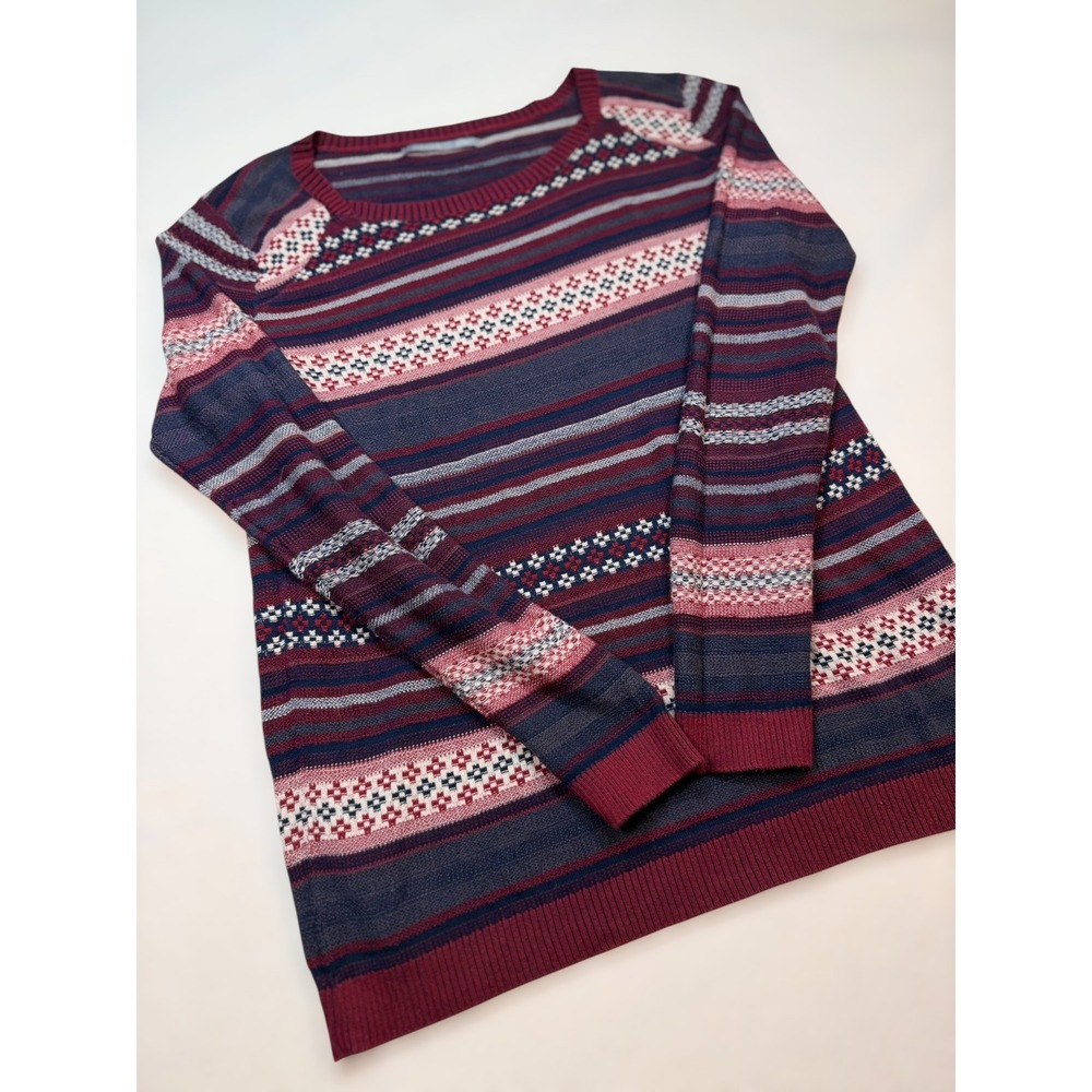 Rubbish Womens Medium Cotton Fair Isle Striped‎ Knit Cozy Sweater Burgundy Navy
